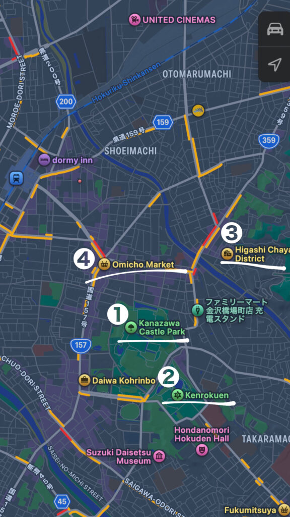 Map of Kanazawa Free Walking Tour route showing Kanazawa Castle, Kenrokuen, Higashi Chaya District, and Omicho Market.