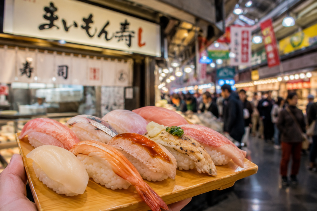 Fresh sushi at Omicho Market in Kanazawa