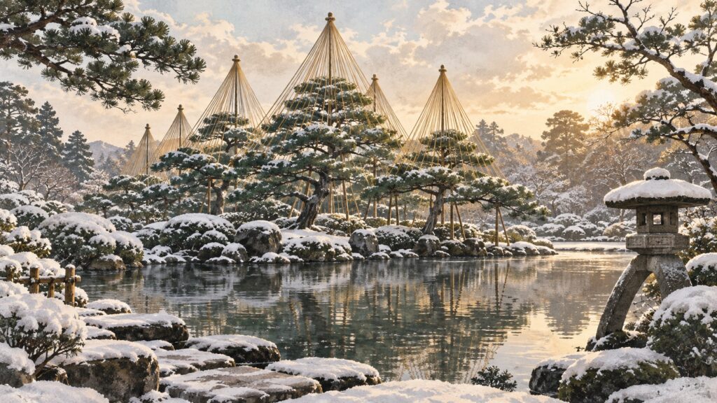Illustration of Kenrokuen Garden in Kanazawa during snowfall, with yukitsuri pine supports