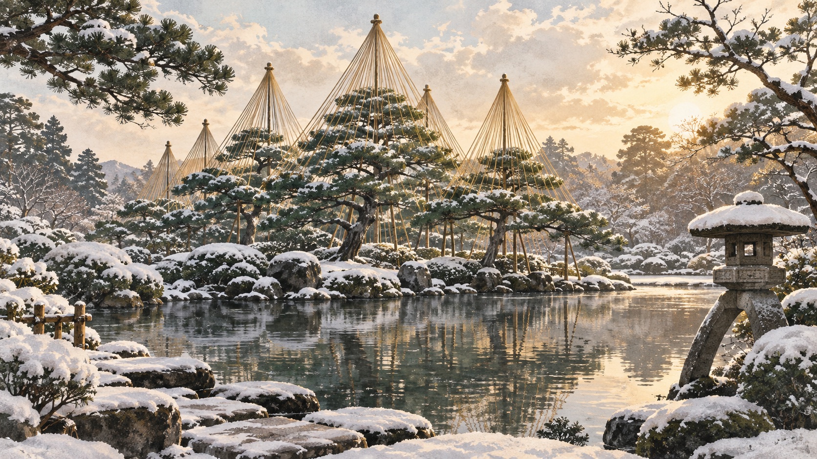 Illustration of Kenrokuen Garden in Kanazawa during snowfall, with yukitsuri pine supports
