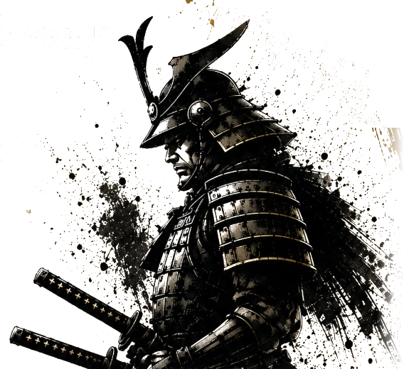 Original Samurai Challenge card illustration in black ink and gold