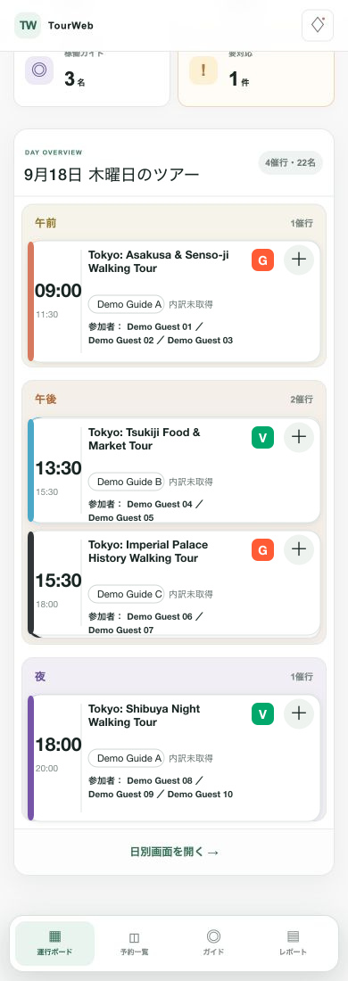 GetYourGuideとViatorの予約元をブランドカラーで表示したTourWebのスマートフォン版デモ画面