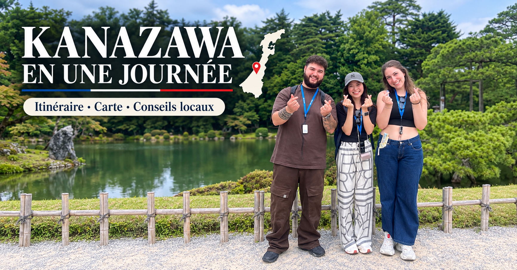 Guide locale d’Amazing Tour Japan avec deux voyageurs au jardin Kenrokuen à Kanazawa